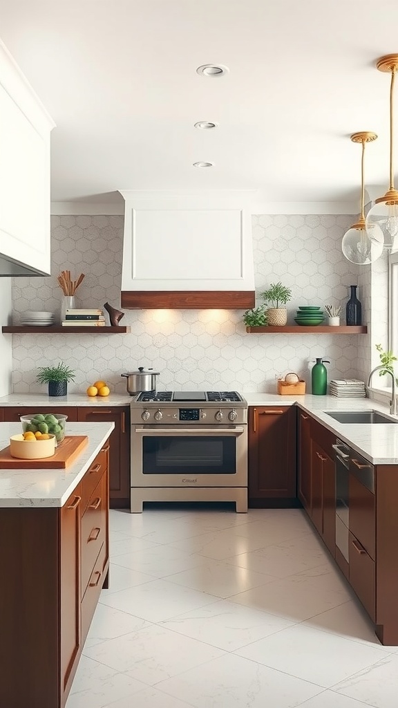 Modern luxury kitchen with wooden cabinets, a large stove, and a clean layout.