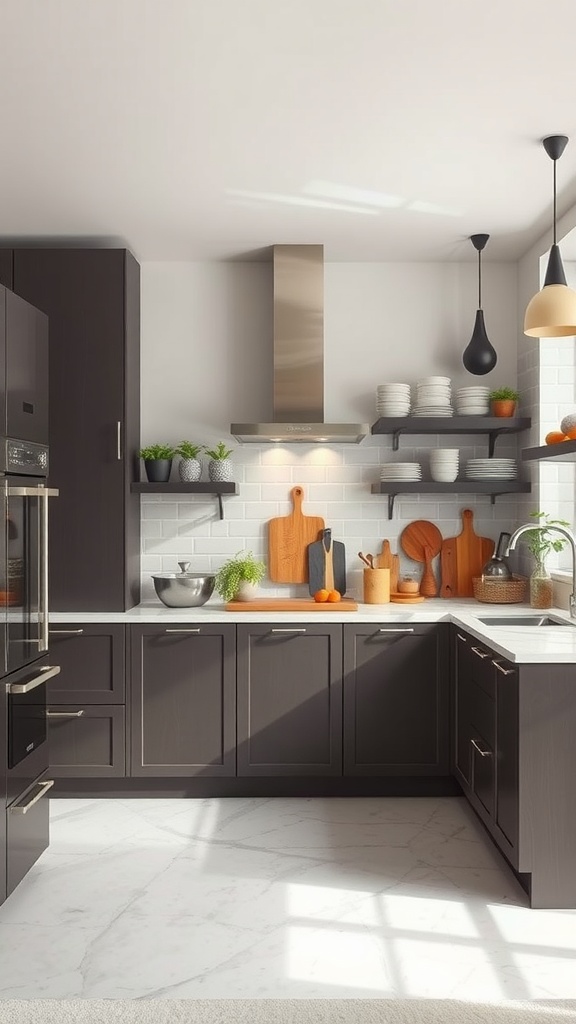 Modern luxury kitchen with functional zones for meal preparation, featuring dark cabinets, white countertops, and organized utensils.