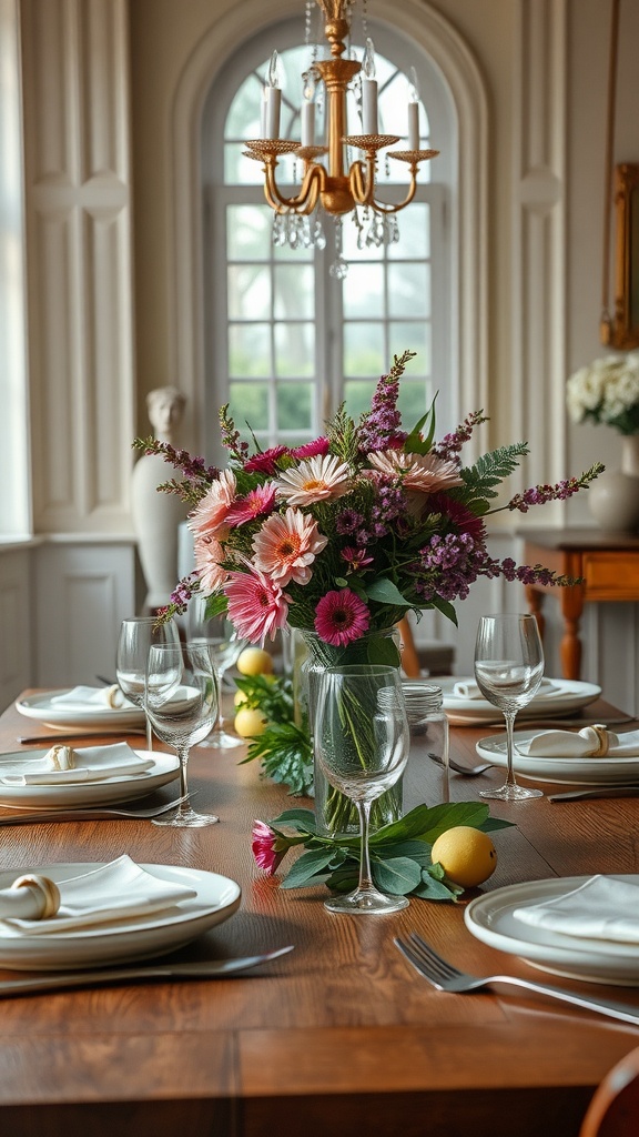 A beautifully set dining table with a floral centerpiece and decorative fruits as a spring home decor idea.