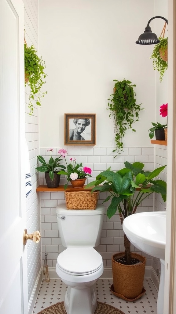 A beautifully decorated bathroom featuring plants and earthy tones