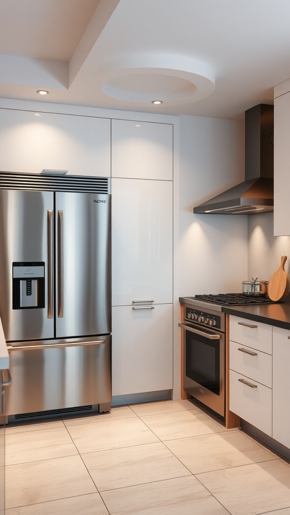 A modern luxury kitchen featuring high-end appliances including a stainless steel refrigerator and a sleek range.