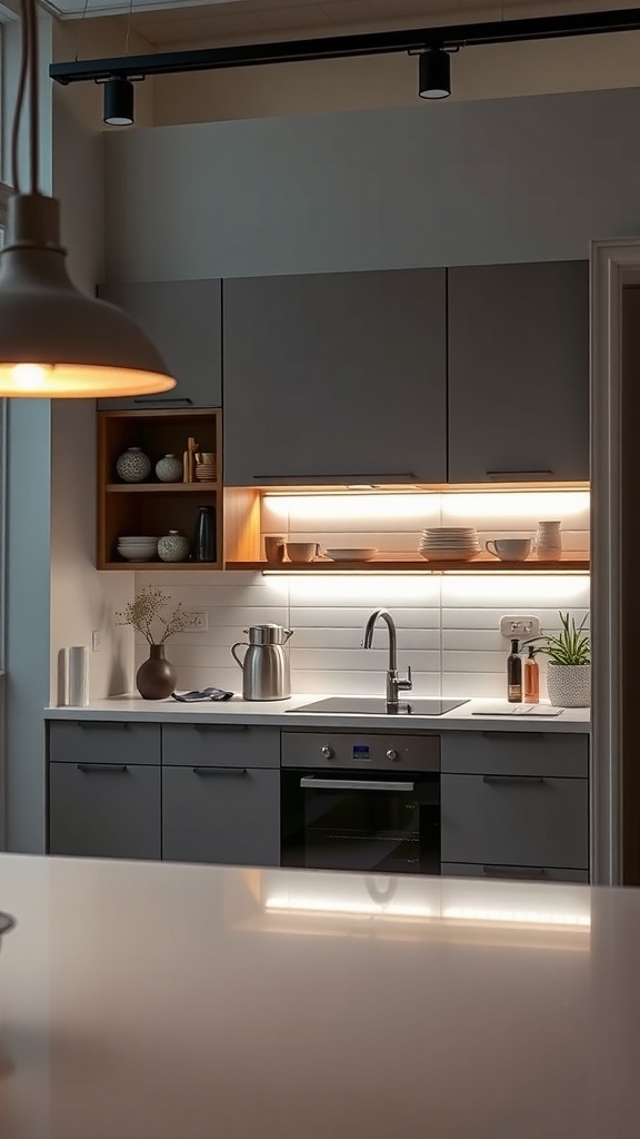 A modern kitchen featuring under-cabinet lighting that enhances the overall aesthetics.