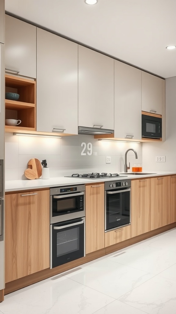 Modern kitchen with integrated appliances and wooden cabinetry