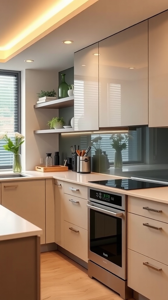 Modern kitchen with integrated smart home technology features.