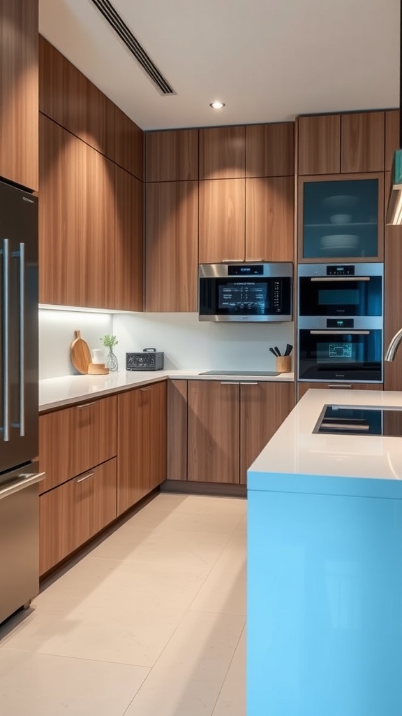 A modern kitchen featuring integrated smart technology and sleek design.