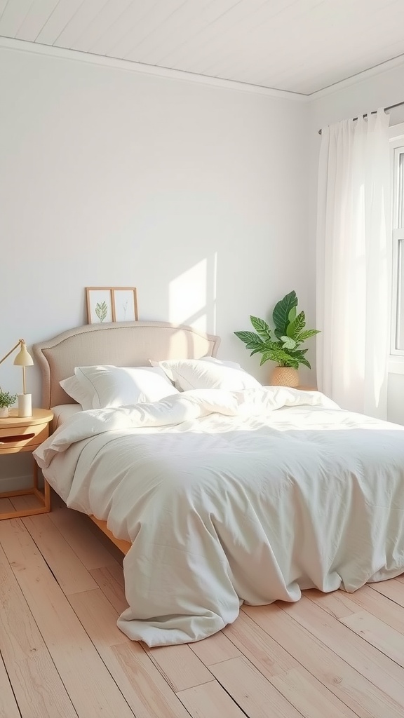 A bright and airy bedroom with light bedding and natural decor