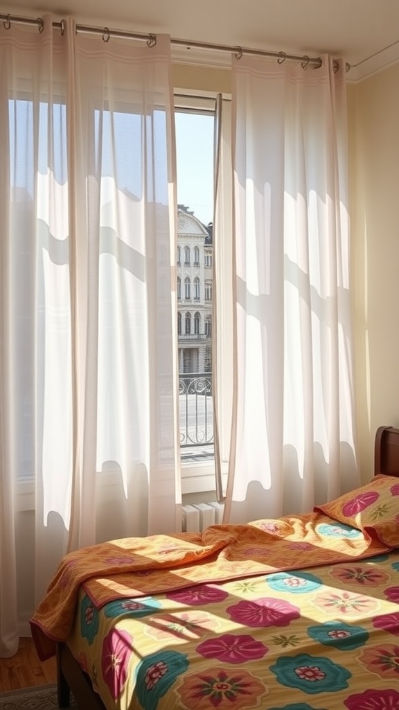 A bright bedroom featuring sheer curtains and colorful bedding.