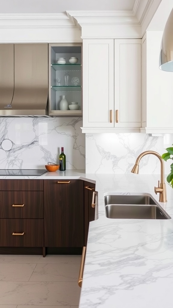 Modern luxury kitchen featuring marble countertops and backsplashes with dark wood cabinets and stylish fixtures.