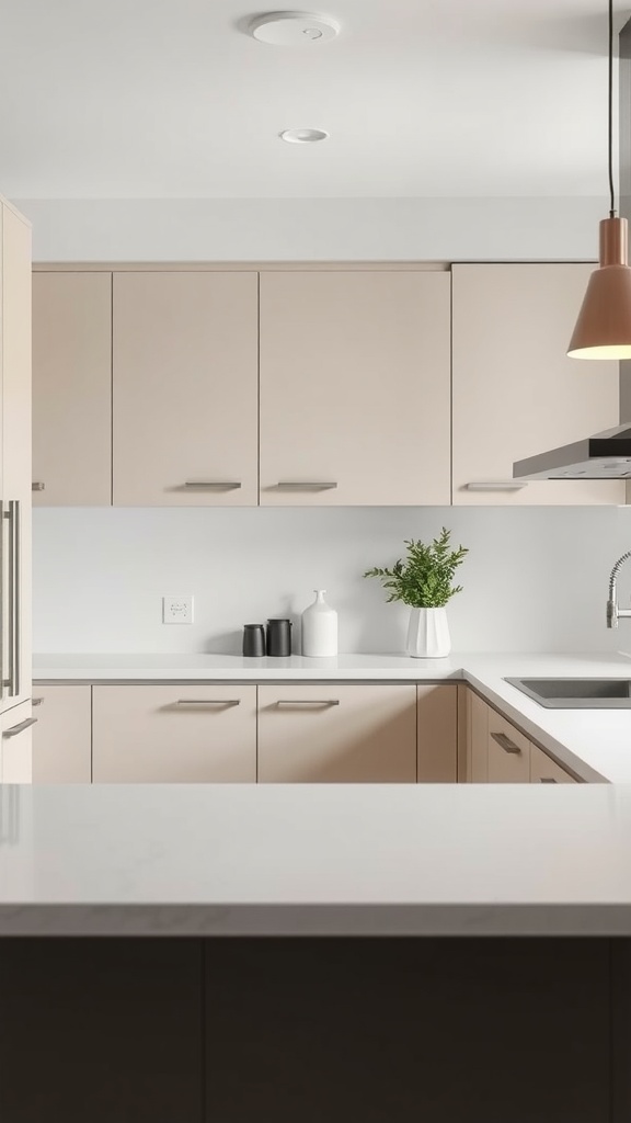 A modern minimalist kitchen featuring handleless cabinets in soft beige tones.