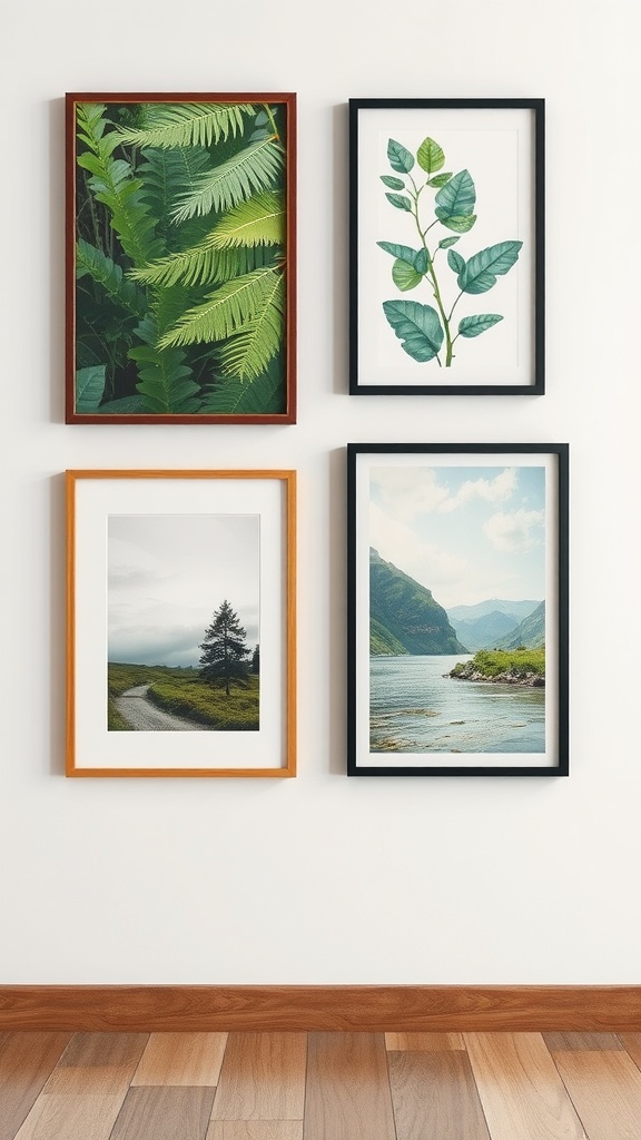 A collection of nature-inspired wall art featuring leaves and scenic landscapes.