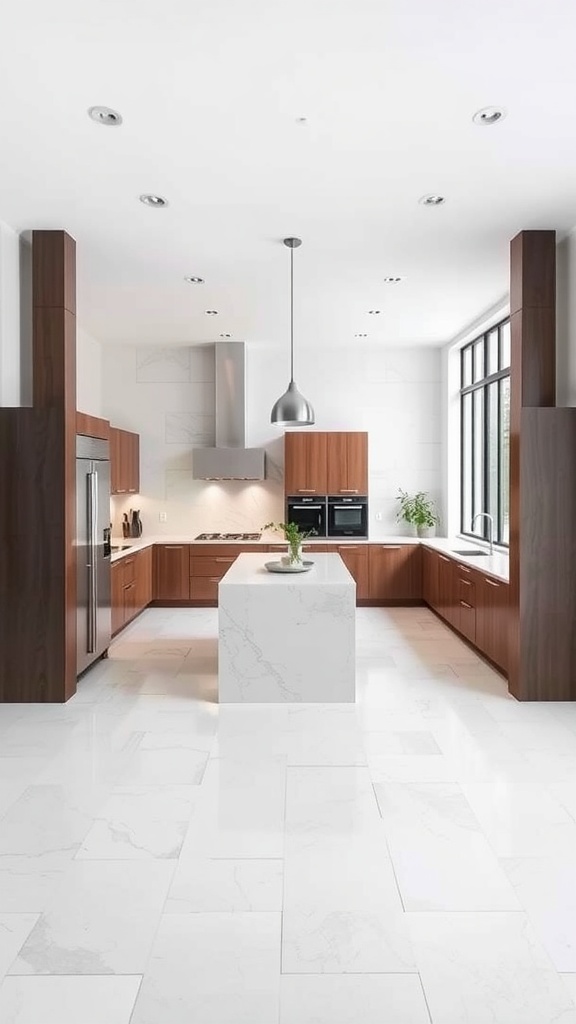 A modern open-concept kitchen with wood cabinetry and marble countertops.