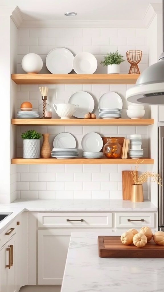 Modern kitchen with open shelving displaying dishware and decorative items