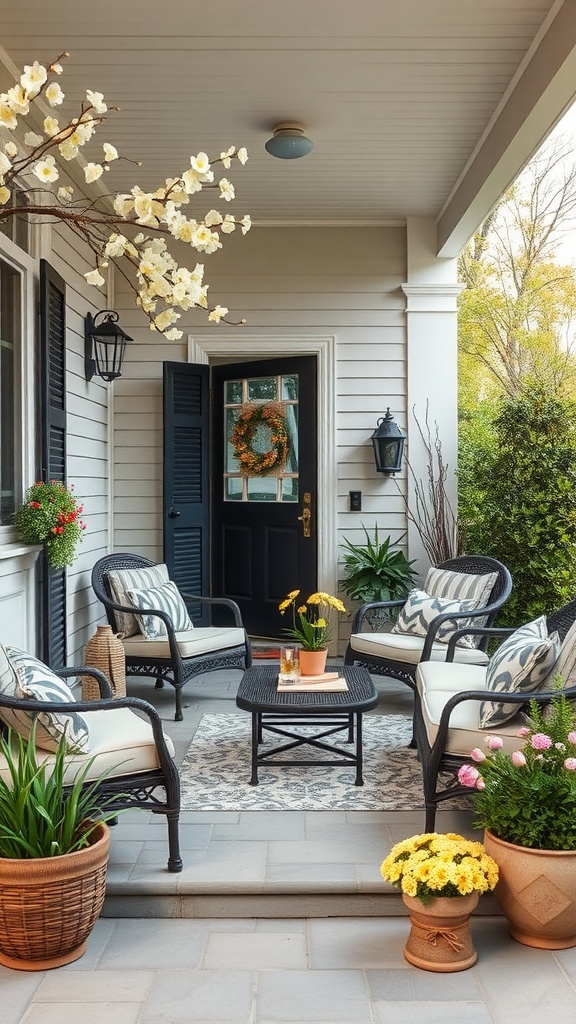 A cozy outdoor seating area with chairs, a table, and potted flowers.