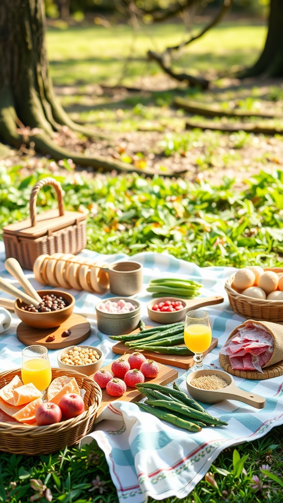 A beautifully arranged outdoor picnic setup with food and drinks on a blanket in a sunny green area.