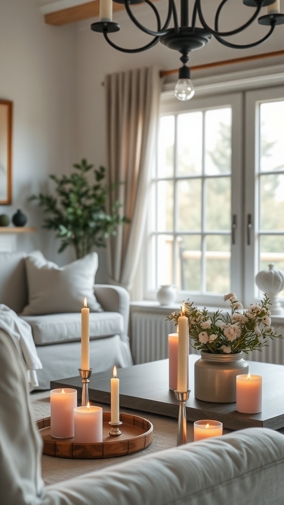 A cozy living room with pastel candles arranged on the floor and a warm ambiance.