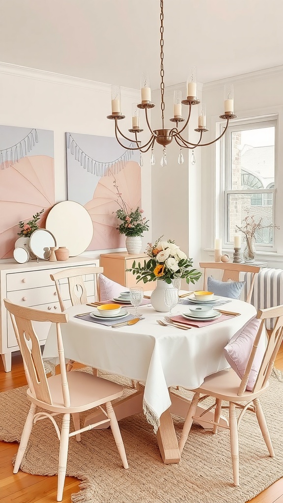 A dining table set with pastel-colored plates and floral arrangements, exuding a spring vibe.