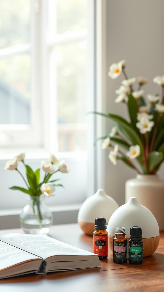 A cozy room with essential oils, a book, and a vase of flowers.