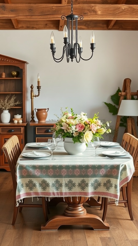 A rustic dining room with wooden furniture and a flower centerpiece.