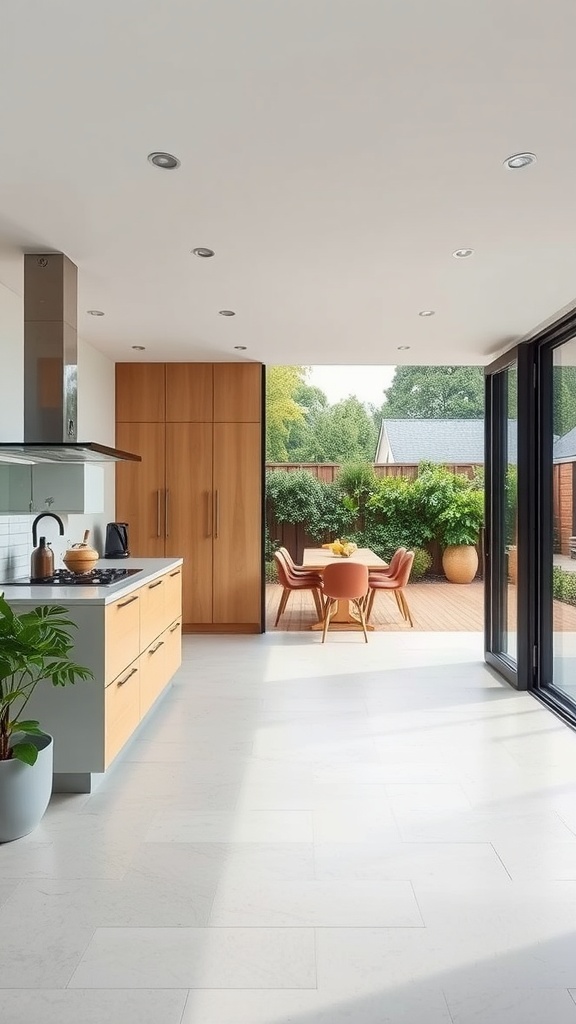 A modern kitchen with a seamless transition to an outdoor dining area, featuring sliding glass doors and stylish decor.