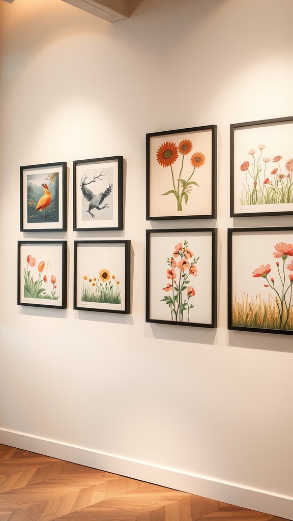 A collection of spring-themed artwork featuring flowers and birds in black frames on a white wall.