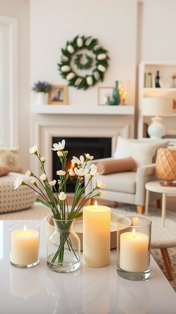 A cozy living room with seasonal scented candles and a small Christmas tree.