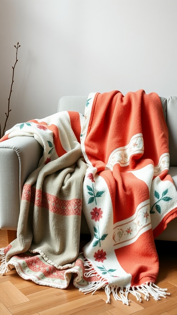 Cozy seasonal throw blankets in orange, green, and floral patterns draped over a light gray couch.