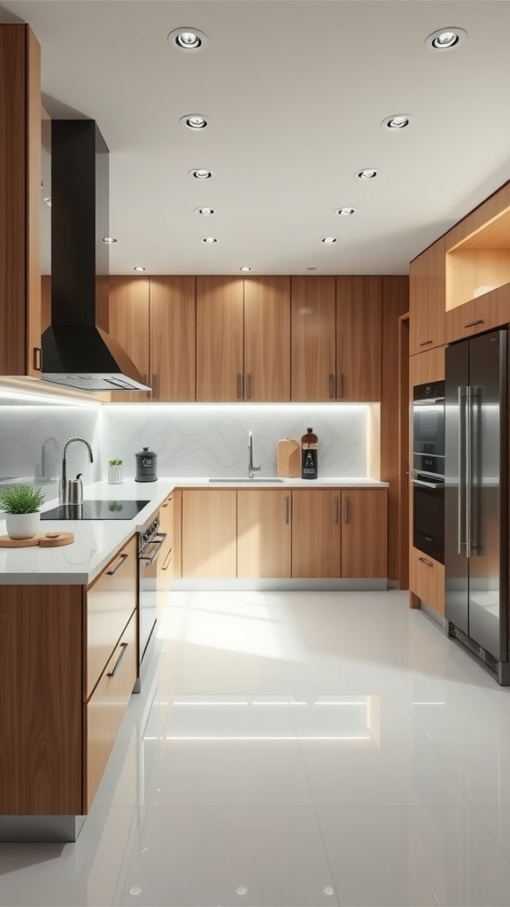 Modern luxury kitchen with wood cabinetry and high-tech appliances.