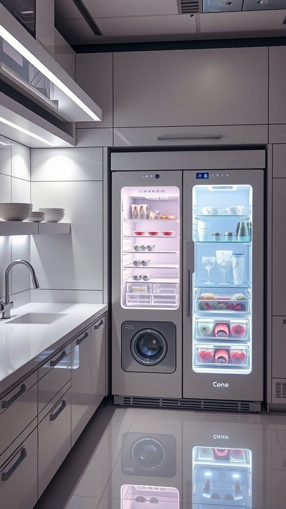 A modern kitchen featuring a smart refrigerator with a touch screen display