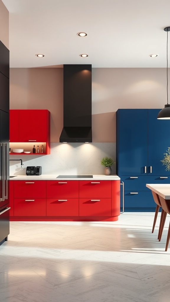 A modern kitchen featuring red and blue color blocking with sleek cabinets.