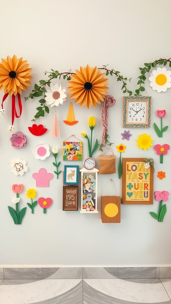 A vibrant display of spring-themed wall hangings featuring flowers, decor, and colorful artwork.