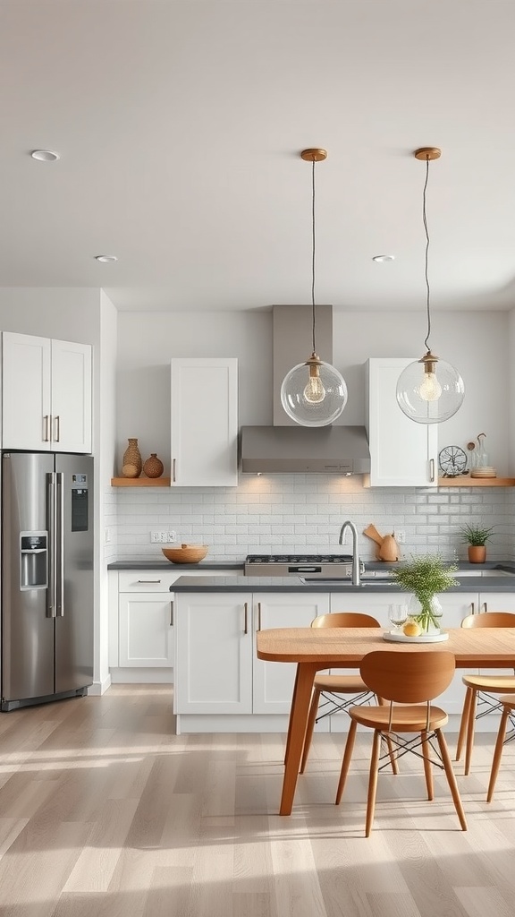 A modern kitchen with stylish hanging light fixtures above a wooden dining table.