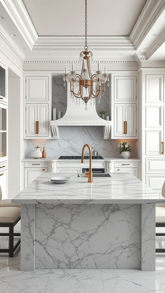 A luxurious kitchen featuring a marble island with a modern design and elegant chandelier