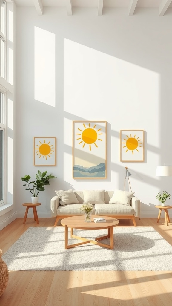 A bright living room featuring sunshine-inspired artwork on the walls, with a cozy sofa and plants.