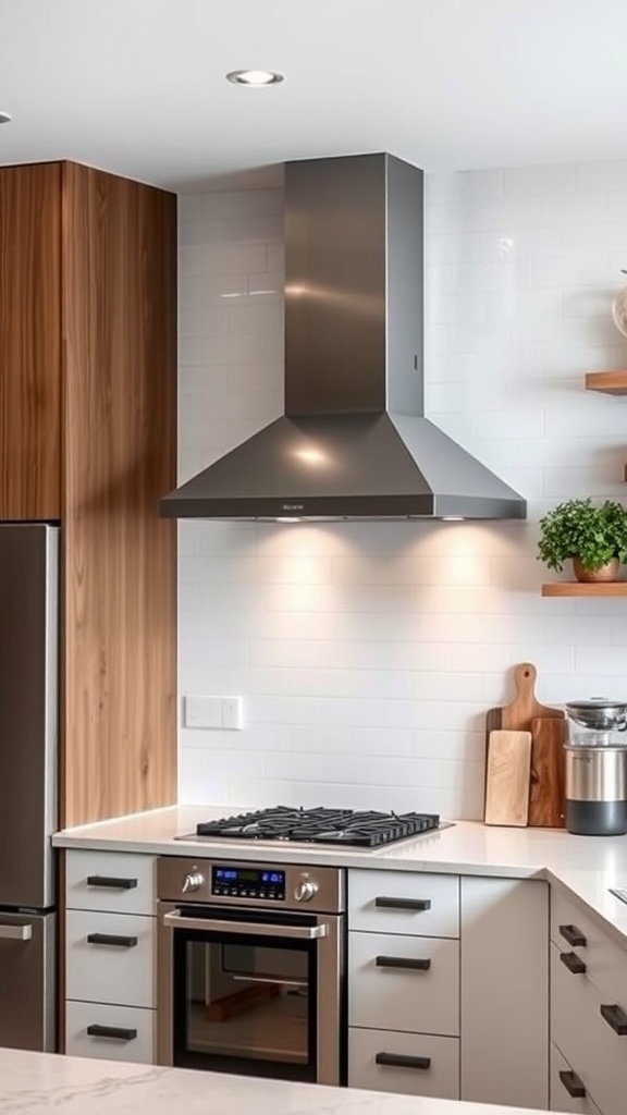 A modern kitchen featuring a stylish vent hood above the stove in a contemporary design.