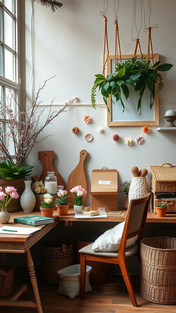 A cozy workspace with upcycled decor elements, including potted plants and handmade crafts.