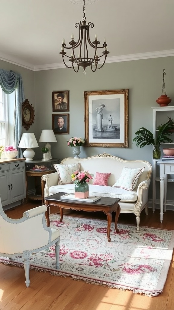 A cozy living room featuring vintage decor elements like a tufted couch, artwork, and plants.