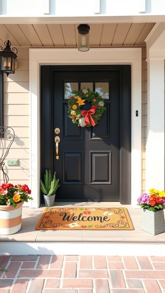 A welcoming doormat with the word 'Welcome' in a decorated style, placed at a front door with a festive wreath and potted flowers.