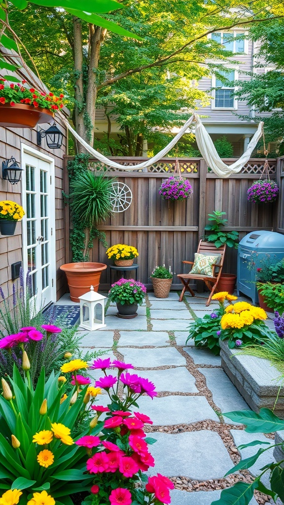 A charming outdoor space with colorful flowers, plush decorations, and cheerful seating.