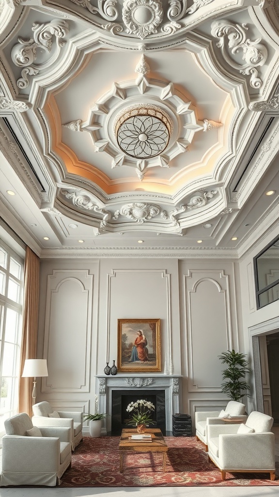 A luxurious living room with an artistic ceiling featuring intricate moldings and a stylish light fixture.