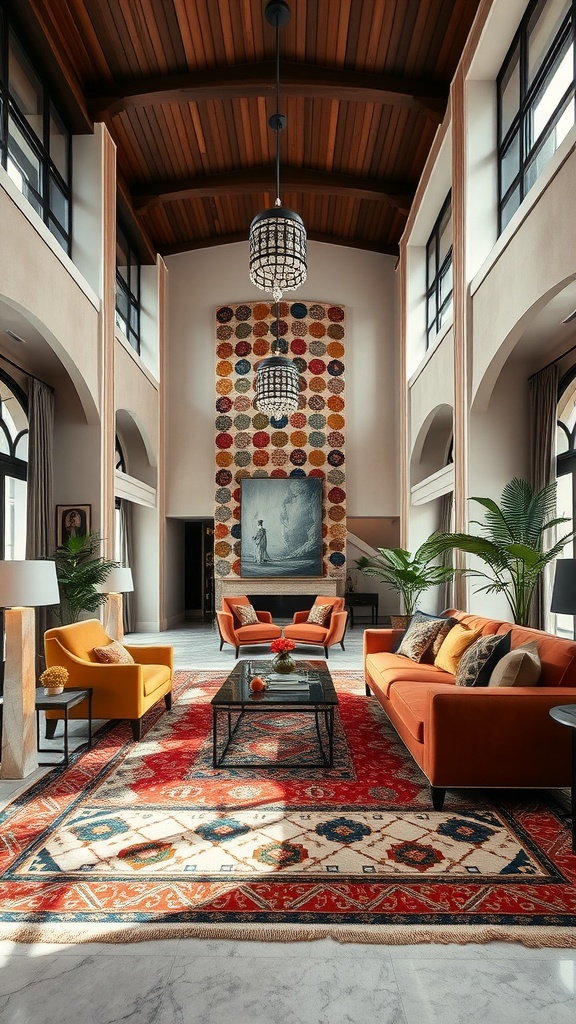 A stylish living room featuring bold geometric patterns in the rug, gray sofas, and vibrant artwork.