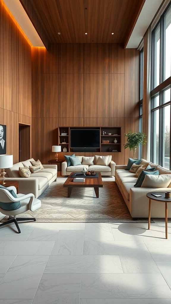 A spacious living room with oversized sofas and a cozy chair, featuring wood paneling and large windows.