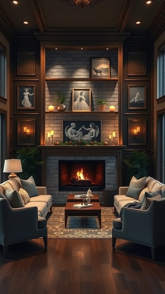 A cozy living room nook featuring a fireplace, elegant seating, and stylish decor.