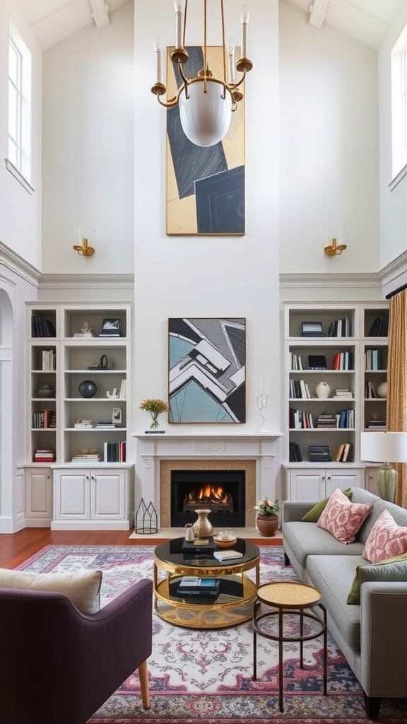Custom built-in shelving in a living room with books, decorative items, and a TV