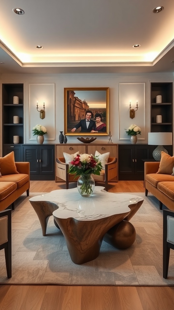 A luxurious living room featuring a unique designer coffee table with a wood and marble combination, complemented by warm seating and elegant decor.
