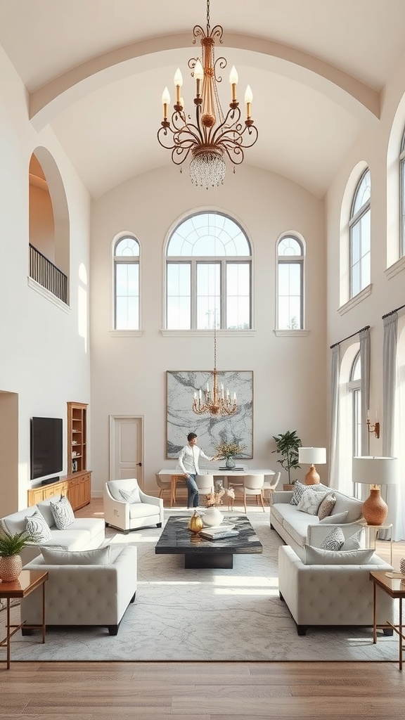 Elegant living room with neutral colors, large windows, and stylish furniture