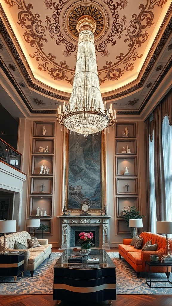 Luxurious living room featuring a grand chandelier, elegant sofas, and intricate ceiling designs.
