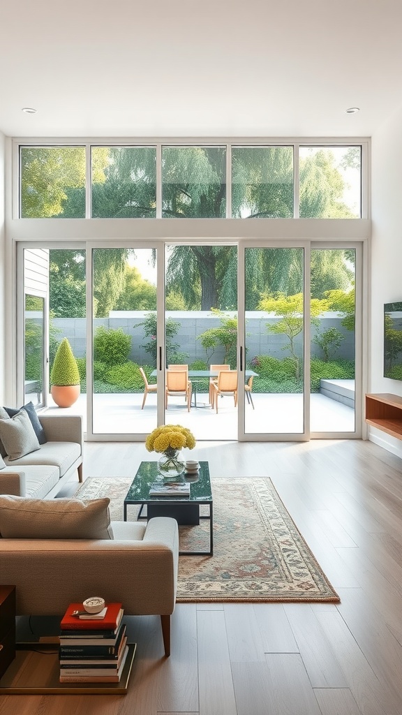 Living room with large sliding glass doors opening to a patio, bright and airy design