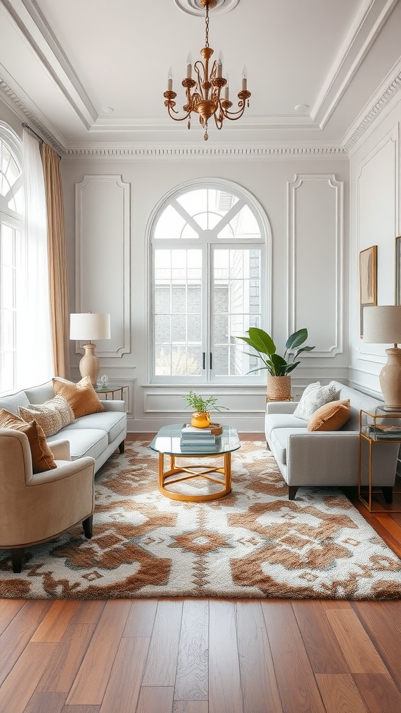 A luxurious living room with a stylish area rug, elegant furniture, and large windows.