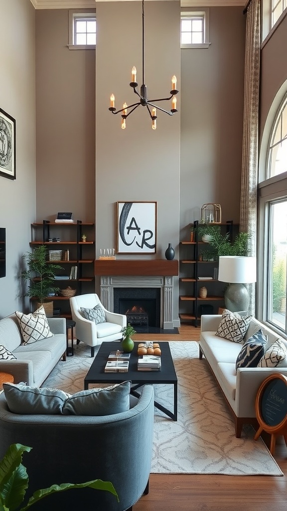 A stylish living room featuring a cozy seating arrangement, decorative plants, and personalized artwork on the walls.