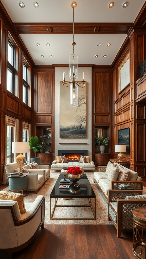 A luxurious living room with rich wood paneling, elegant chandelier, classic furniture, and decorative accents.